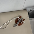 Brown leather pouch charm with pearl bead chain and silver metal bow accents for sweaters - Brown Small