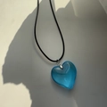 Minimalist titanium steel necklace featuring a translucent blue crystal heart pendant - Black String / Black (Blue Pendant)