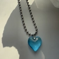 Silver bead chain necklace featuring a translucent sky blue crystal heart pendant - Metal Ball Chain Style / Silver (Blue Pendant)