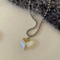 Titanium steel heart pendant necklace with orange iridescent crystal on ball chain - Silver (Iridescent Pendant)