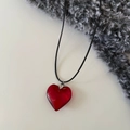 Titanium steel necklace with a translucent vibrant red heart pendant on black cord - Black (Red Pendant)