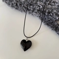 Titanium steel necklace featuring a glossy black heart pendant on a black cord strap - Black (Black Pendant)