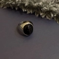 Sleek stainless steel ring featuring a black onyx gemstone cabochon with silver finish - US 6 / Silver Obsidian Style