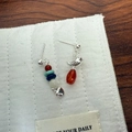 Asymmetric silver bird stud earrings with red agate drop and colorful beaded heart charms - Magpie Asymmetric Earrings
