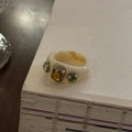 Vintage cream resin wide ring with amber and emerald zircon stones in retro design - Apricot Ring with Multicolor Zirconia