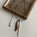 Ebony wood crescent moon pendant with silver metallic bar and black cord necklace - Walnut Wood (Leather Cord)