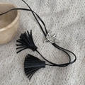 Vintage silver bird bolo tie necklace with black leather cords and tassels details - Silver Bird Tassel Necklace