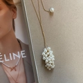 Long golden bead chain necklace featuring a cluster of white pearls in a grape design - Large Gold Pearl Grape Cluster
