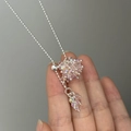 Silver bead necklace with a cluster of pink crystals and delicate bead tassel fringe - Pink Crystal Style