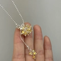 Silver ball chain necklace with yellow crystal cluster pendant in hand view - Yellow Crystal Style