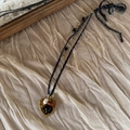 Vintage woven cord necklace with a golden heart pendant featuring pearls and natural stones - Heart and Natural Stone Style / Blue White Black Woven Rope With Gold Pendant
