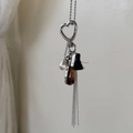Maillard heart fringe necklace with brown gemstone and black silk tassel variant - Necklace Set / Black