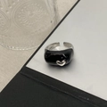 Minimalist wide open ring with black enamel finish and a silver 3D heart detail - Black Heart Enamel