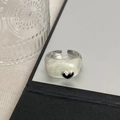 Adjustable silver heart ring with pearl white enamel finish and black heart detail - Pearlescent White Enamel Heart