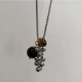 Titanium steel necklace with natural stone grape pendant and black beads in silver finish - Long Fixed Style / Tiger Eye With Black Bead Grapes