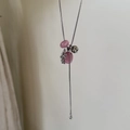 Titanium steel necklace featuring natural pink stones and speckled mineral beads in silver - Pink Drawstring Style