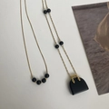 Golden snake chain and obsidian pendant necklace set with elegant bag charm for women - Double-layer Layered Necklace / Obsidian Bag Style