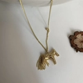 Gold plated horse pendant necklace with fine chain tassels in a minimalist Korean style - Gold Tassel Horse Long Necklace