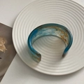 Unique marble texture resin open bangle featuring artistic blue and brown color fusion - Open (C-Shaped) / Flower Blue Wide Bangle