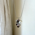 Silver thin chain necklace with green stone beads and floral cluster charms - Pink Rose Cluster Necklace