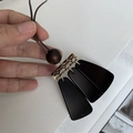 Brown smudged tassel necklace with vintage trapezoid wooden pendants and golden mesh - Three-Piece Trapezoid Pendant (9)