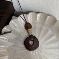 Brown resin hoop necklace with marbled spiral beads and adjustable woven cord - Textured Round Faux Wood Style (10)