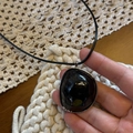 Irregular black resin pendant necklace with adjustable cord and silver metal base - Greyish Black With Black Cord
