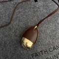 Chic acorn pendant necklace with brown leather top and golden polished metal fruit body - Brown Leather With Gold Metal / Coffee Leather Pinecone Necklace