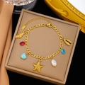 Collana in acciaio al titanio dorato con ciondoli a stella marina, conchiglia e gemme - Bracciale / Stile Stella Marina Conchiglia Pietra Colorata (SLE2110)