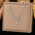Elegant silver butterfly necklace with sparkling zircon tassels and hollow butterfly pendant - Butterfly Tassel (8222) - Silver