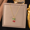 Elegant gold necklace featuring a sweet cherry pendant with red and green zircons - Red And Green Cut Cherry Pendant (8244) / Gold