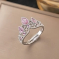 Bague couronne ajustable en argent avec zircons roses en forme de poire et fleurs - Bague Couronne Diamant Rose (8162) / Argent