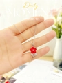 Close-up of red matte flower pendant with zircon core and sparkling silver leaf details - Single Stone Small Flower Style (8338) / Silver