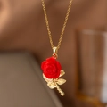 Elegant gold titanium necklace featuring a red velvet rose pendant with crystal leaves - Rose Flower Style (8020) / Gold