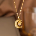 Elegant gold crescent moon necklace with zircon paving and opal bead on a flat link chain - Projection Moon (9085) / Gold