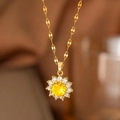 Golden sunflower necklace with a large yellow zircon center and sparkling petals - Yellow Zirconia Sunflower (9139) / Gold