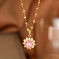Elegant gold necklace with pink sunflower zircon pendant and sparkling crystal accents - Pink Zirconia Sunflower (9140) / Gold