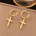 Poliert goldene Edelstahl-Ohrringe mit eleganten hängenden Kreuzanhängern - Gold Einfaches Kreuz Stil (EHG363)