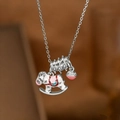 S925 silver rocking horse necklace with white enamel inlay and pink saddle details - Silver Necklace / Pink Horse (9288)
