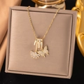 Elegant gold necklace featuring a zircon butterfly pendant on a refined O-shaped chain - Flower Butterfly Style (8289)