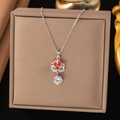 Collier en argent avec zircon et pendentif tête de lion chinois en émail rouge - Style Danse du Lion Guochao / Argent