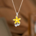 Daisy flower necklace with yellow petals, white pearl center and sparkling zircons - Silver Necklace / Yellow Flower (9229)