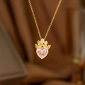 Pink heart crystal crown necklace in gold-plated copper with micro-inlaid cubic zirconia - Pink Diamond Crown Style (Gold) (9253)