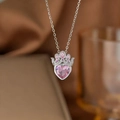 Detailed close-up of a silver crown pendant with a large pink heart-shaped crystal stone - All Pink Diamond Crown Style (Silver) (8160)