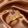 Vintage adjustable gold ring with purple heart-shaped stones in flower design - Purple