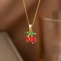 Elegant gold cherry pendant necklace with red round zircons and green leaf gemstones - Large and Small Cherries (8244) / Gold