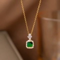 Elegant gold necklace featuring a square green gemstone pendant with diamond halo - Emerald Green Style(9280)