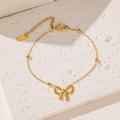 Minimalist gold titanium steel necklace set with bow pendant and polished beads - Gold Bracelet