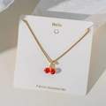 Elegant gold square box chain necklace featuring a 3D red cherry pendant with rhinestones - Small Cherry Pendant (8081) / Gold