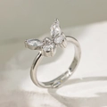 Detail of silver butterfly ring with marquise cut zircon stones and adjustable open band - White Zircon Butterfly Style (F1177) / Silver